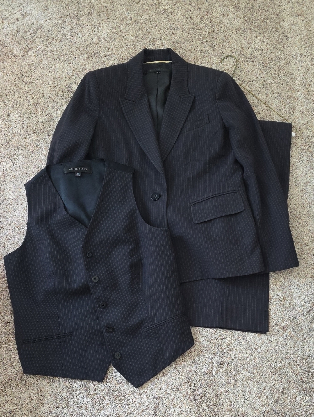 Anne Klein Dark Pinstripe Suit Jacket with Matching Vest And Pants 8P